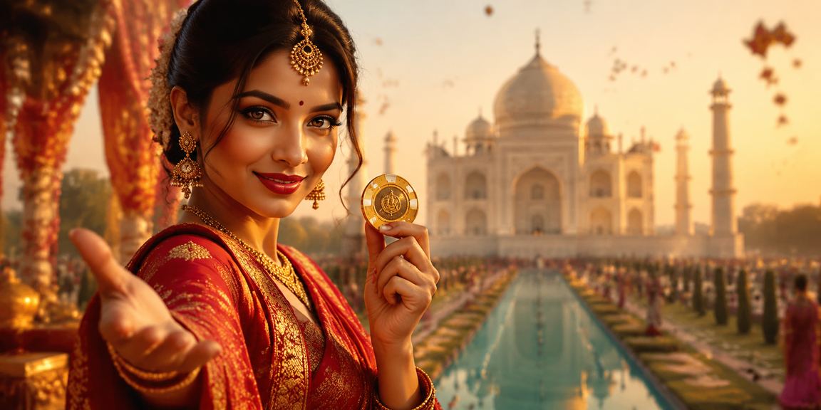 Gleaming casino slot reels spinning in a lively Indian gaming environment